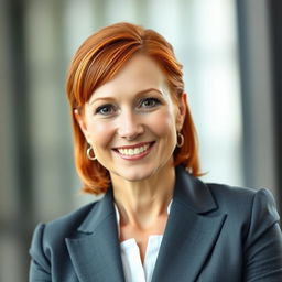 A headshot of a red-haired woman in her 40s, presenting a confident and professional demeanor