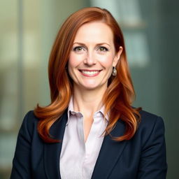 A headshot of a red-haired woman in her 40s, presenting a confident and professional demeanor