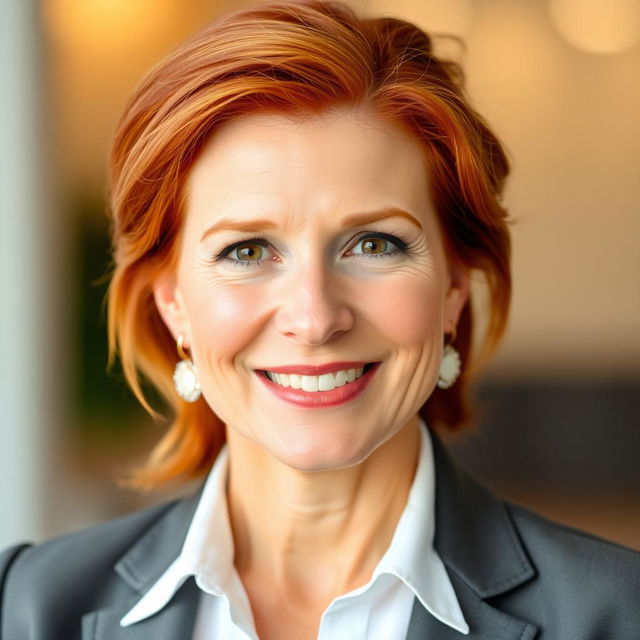 A headshot of a red-haired woman in her 40s, presenting a confident and professional demeanor