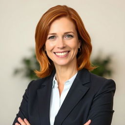 A headshot of a red-haired woman in her 40s, presenting a confident and professional demeanor