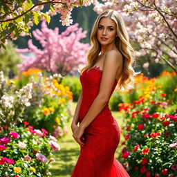 A beautiful woman wearing a stunning red dress, standing gracefully in a sunlit garden filled with vibrant flowers