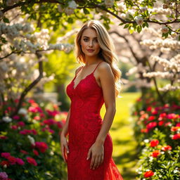 A beautiful woman wearing a stunning red dress, standing gracefully in a sunlit garden filled with vibrant flowers