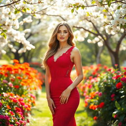 A beautiful woman wearing a stunning red dress, standing gracefully in a sunlit garden filled with vibrant flowers