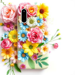 A beautiful and vibrant phone cover design featuring an array of colorful and delicate flowers, including roses, daisies, and lilies