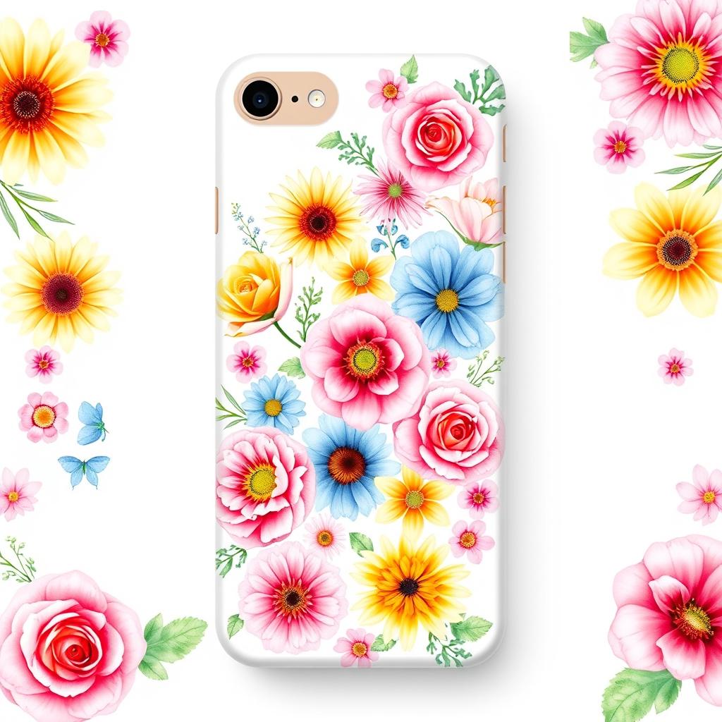 A beautiful and vibrant phone cover design featuring an array of colorful and delicate flowers, including roses, daisies, and lilies