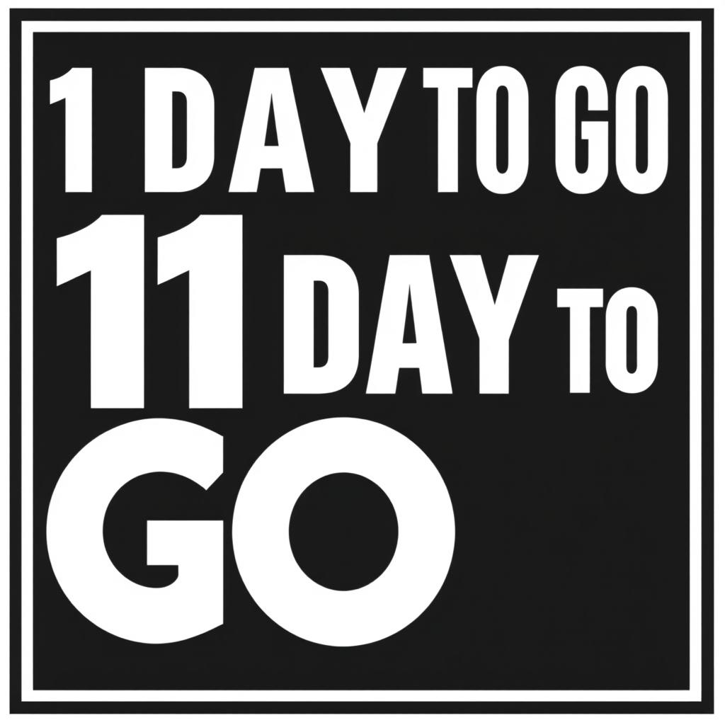 A bold text graphic featuring the phrase "1 DAY TO GO" prominently displayed in white against a black border