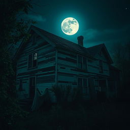 An old, dilapidated house at night, with broken windows and peeling paint