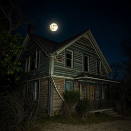 An old, dilapidated house at night, with broken windows and peeling paint