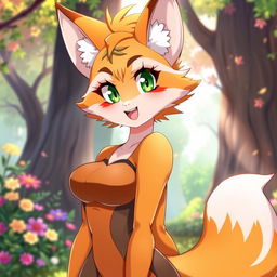 A captivating and alluring female furry fox character, illustrated in a vibrant anime style