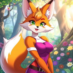 A captivating and alluring female furry fox character, illustrated in a vibrant anime style