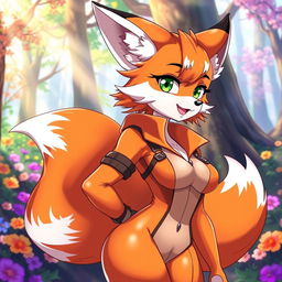 A captivating and alluring female furry fox character, illustrated in a vibrant anime style