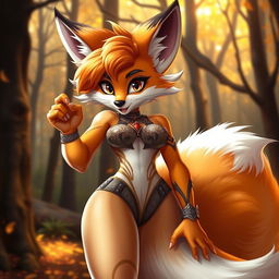 A stunning and seductive female furry fox character with vibrant orange and white fur, featuring large, expressive eyes and a sultry expression
