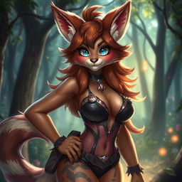 A stunning female furry character with captivating features, vibrant fur, and oversized breasts, designed in an alluring style