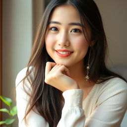 A portrait of a young woman resting her chin on her hand, looking thoughtfully into the distance