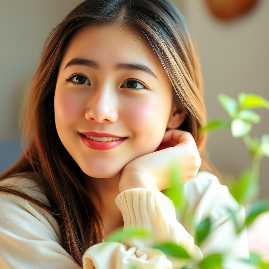 A portrait of a young woman resting her chin on her hand, looking thoughtfully into the distance