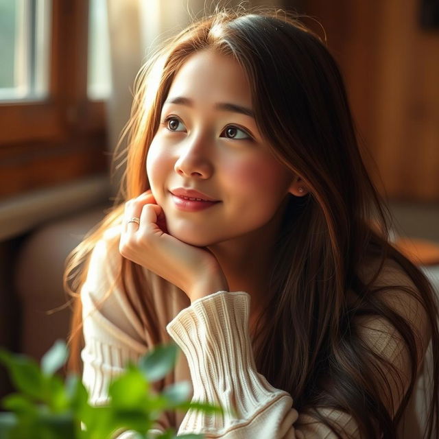 A portrait of a young woman resting her chin on her hand, looking thoughtfully into the distance