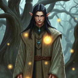 A high elf wizard male with long black hair, wearing an intricately detailed flowing robe adorned with magical runes and symbols