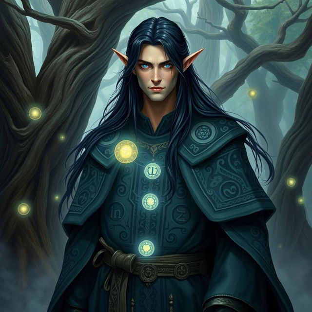 A high elf wizard male with long black hair, wearing an intricately detailed flowing robe adorned with magical runes and symbols