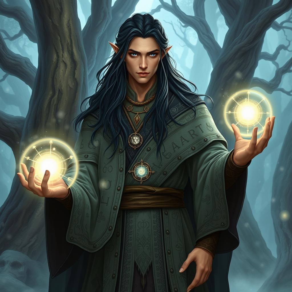 A high elf wizard male with long black hair, wearing an intricately detailed flowing robe adorned with magical runes and symbols