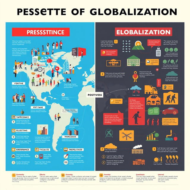 A vibrant and informative poster illustrating the positive and negative effects of globalization