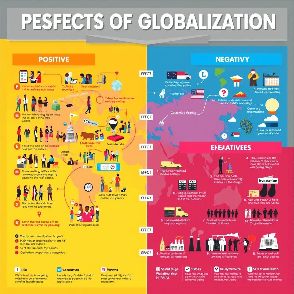 A vibrant and informative poster illustrating the positive and negative effects of globalization