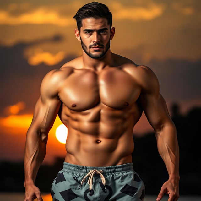 A highly defined male model showcasing a stunning six-pack abdominal set