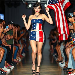 A full length photograph of a beautiful 19-year-old woman with pale skin and black hair