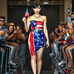 A full length photograph of a beautiful 19-year-old woman with pale skin and black hair