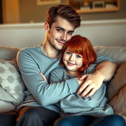 A tall, skinny guy with brown hair and brown eyes gently cuddling with a short, chubby girl who has bright red hair and striking green eyes