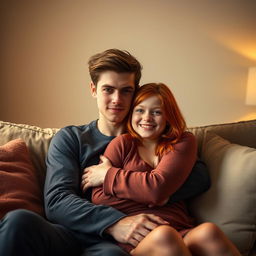 A tall, skinny guy with brown hair and brown eyes gently cuddling with a short, chubby girl who has bright red hair and striking green eyes