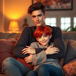 A tall, skinny guy with brown hair and brown eyes gently cuddling with a short, chubby girl who has bright red hair and striking green eyes