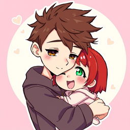 A whimsical chibi-style illustration featuring a short red-haired girl with vibrant green eyes, cuddling affectionately against a tall skinny guy with tousled brown hair and deep brown eyes