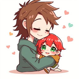 A whimsical chibi-style illustration featuring a short red-haired girl with vibrant green eyes, cuddling affectionately against a tall skinny guy with tousled brown hair and deep brown eyes
