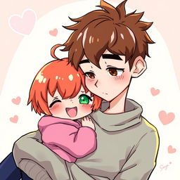 A whimsical chibi-style illustration featuring a short red-haired girl with vibrant green eyes, cuddling affectionately against a tall skinny guy with tousled brown hair and deep brown eyes