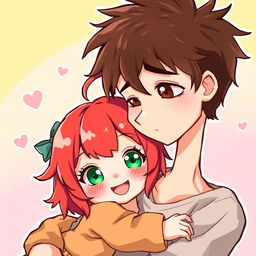 A whimsical chibi-style illustration featuring a short red-haired girl with vibrant green eyes, cuddling affectionately against a tall skinny guy with tousled brown hair and deep brown eyes