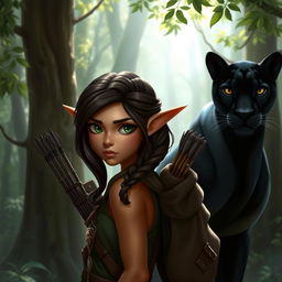 A short female elf with long pointy ears, dark brown hair styled in a braid, and striking green eyes