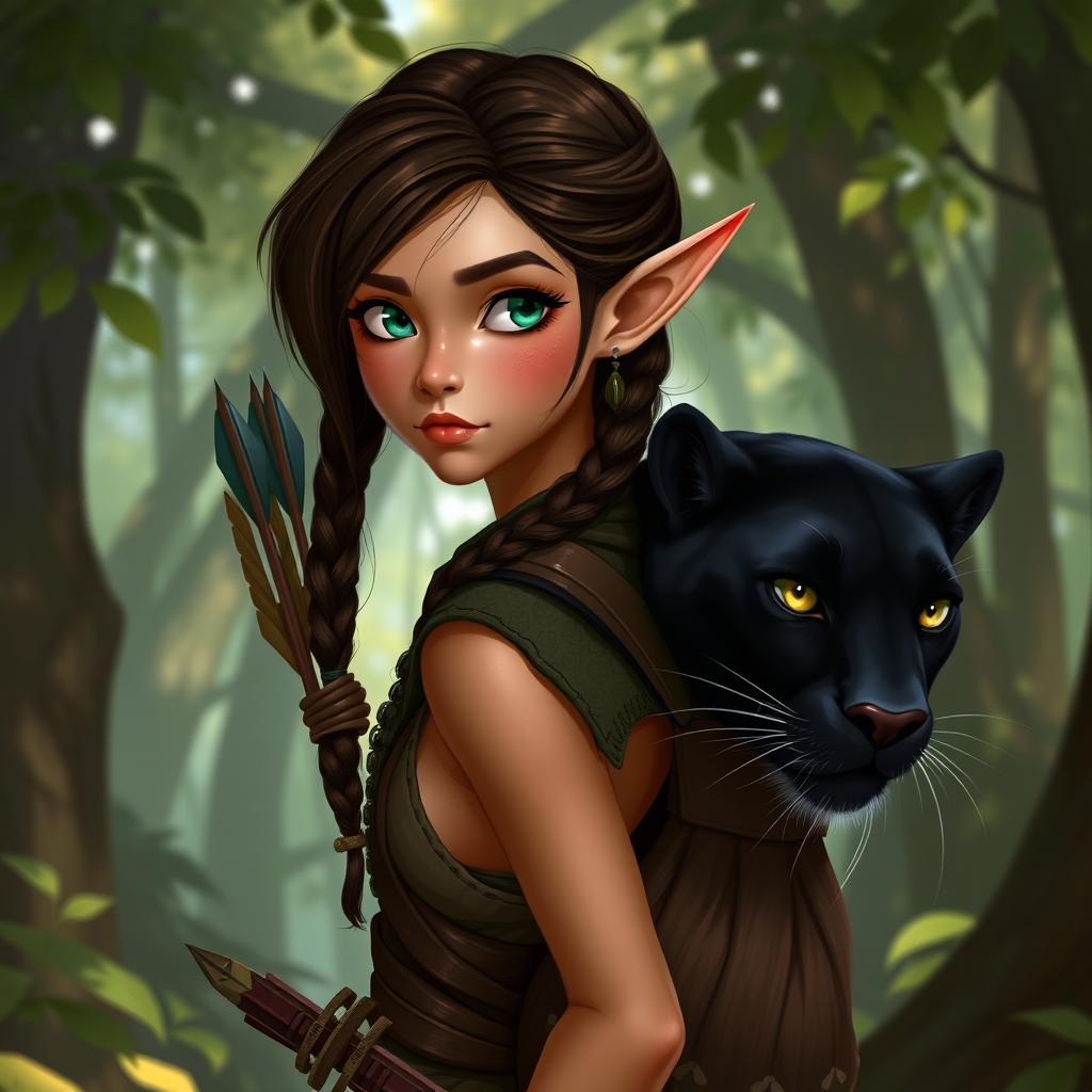 A short female elf with long pointy ears, dark brown hair styled in a braid, and striking green eyes