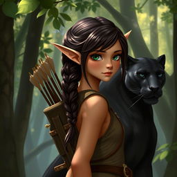 A short female elf with long pointy ears, dark brown hair styled in a braid, and striking green eyes
