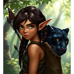 A short female elf with long pointy ears, dark brown hair styled in a braid, and striking green eyes