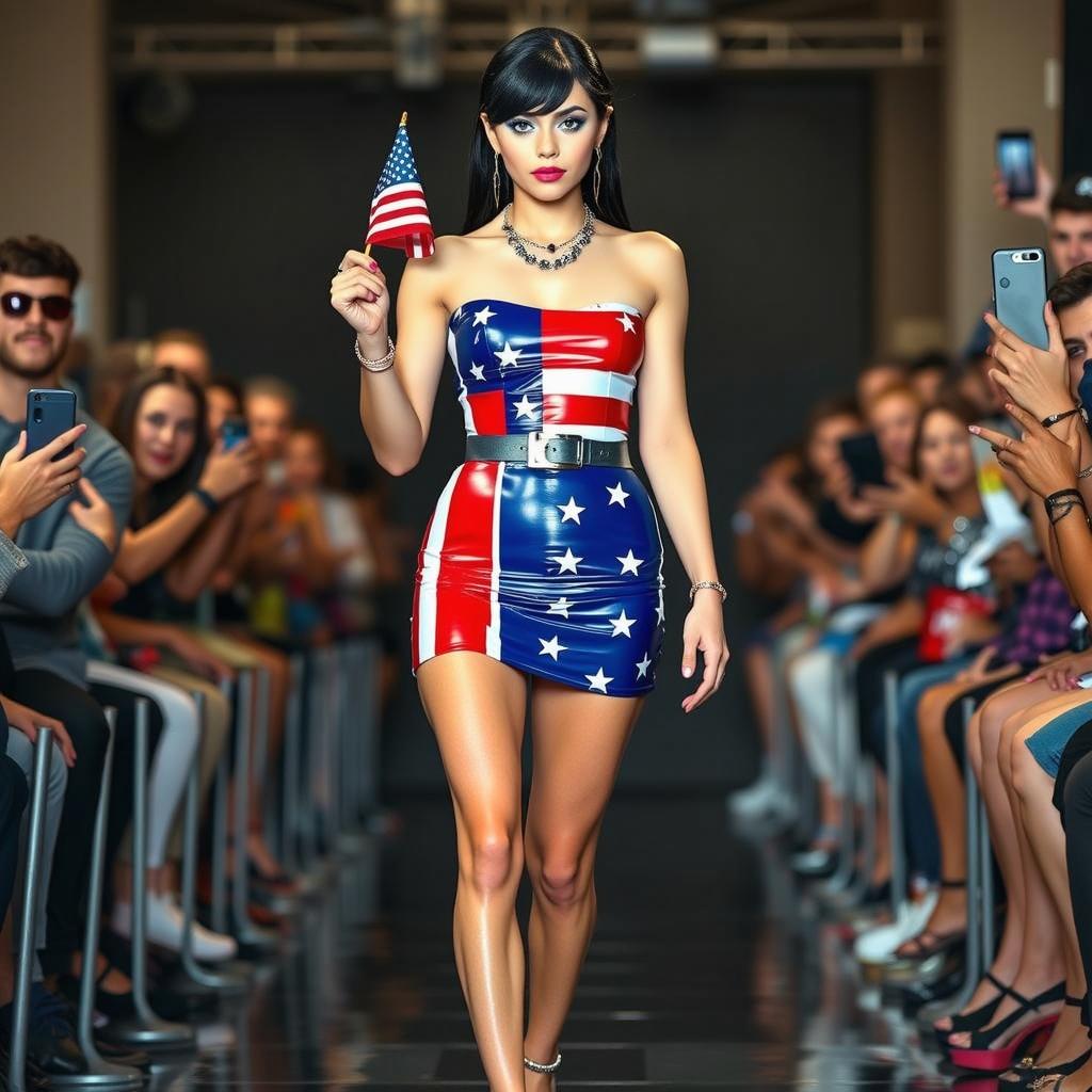 A stylish runway model showcasing a stunning tight-fitting dress inspired by the American flag, featuring bold red, white, and blue colors with star patterns