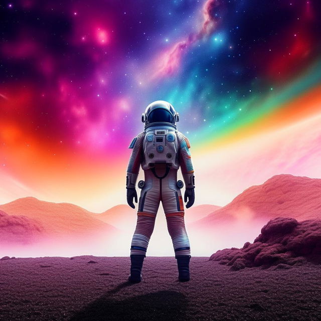 A futuristic space agent in a sleek, cutting-edge spacesuit, standing in front of a vividly-colored nebula with a starship on the background.