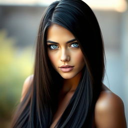 A portrait of a strikingly beautiful person with long, straight dark hair flowing elegantly down their shoulders, and captivating blue eyes that sparkle with depth and intrigue