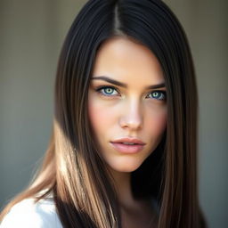 A portrait of a strikingly beautiful person with long, straight dark hair flowing elegantly down their shoulders, and captivating blue eyes that sparkle with depth and intrigue