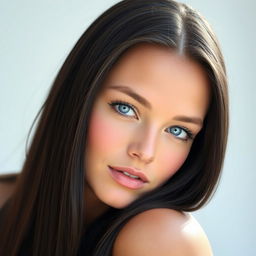 A portrait of a strikingly beautiful person with long, straight dark hair flowing elegantly down their shoulders, and captivating blue eyes that sparkle with depth and intrigue