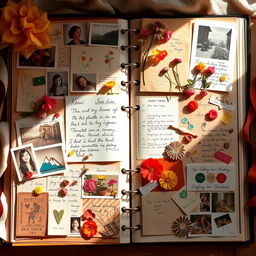 A beautifully arranged scrapbook filled with vibrant, nostalgic memories