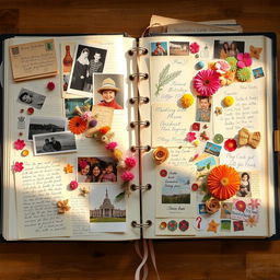A beautifully arranged scrapbook filled with vibrant, nostalgic memories