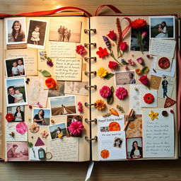 A beautifully arranged scrapbook filled with vibrant, nostalgic memories