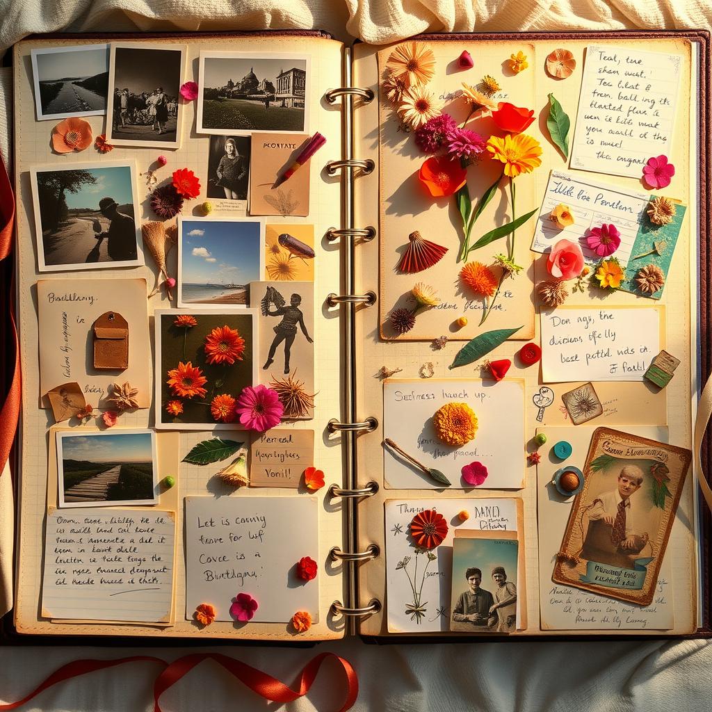 A beautifully arranged scrapbook filled with vibrant, nostalgic memories