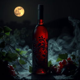 A conceptually rich and visually stunning interpretation of 'O doce vinho da vingança', featuring a beautifully crafted wine bottle with intricate designs and a deep red, almost blood-like liquid inside