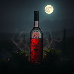 A conceptually rich and visually stunning interpretation of 'O doce vinho da vingança', featuring a beautifully crafted wine bottle with intricate designs and a deep red, almost blood-like liquid inside